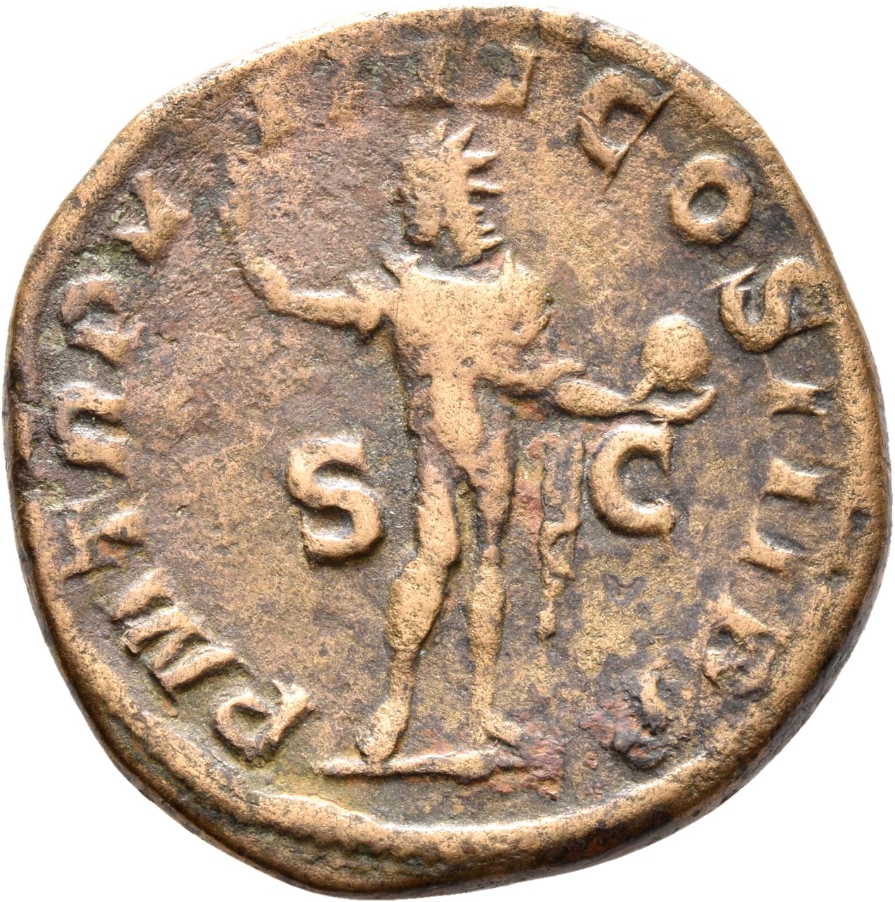 RIC IV Severus Alexander 503 Severus Alexander reverse, Sol, radiate, head left, standing right, raising right hand and ho...