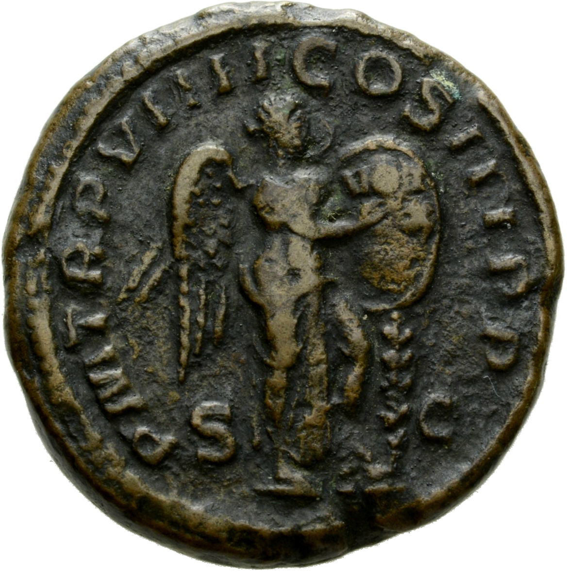 RIC IV Severus Alexander 506a Severus Alexander reverse, Victory, winged, draped, standing right, foot on helmet, writing ...