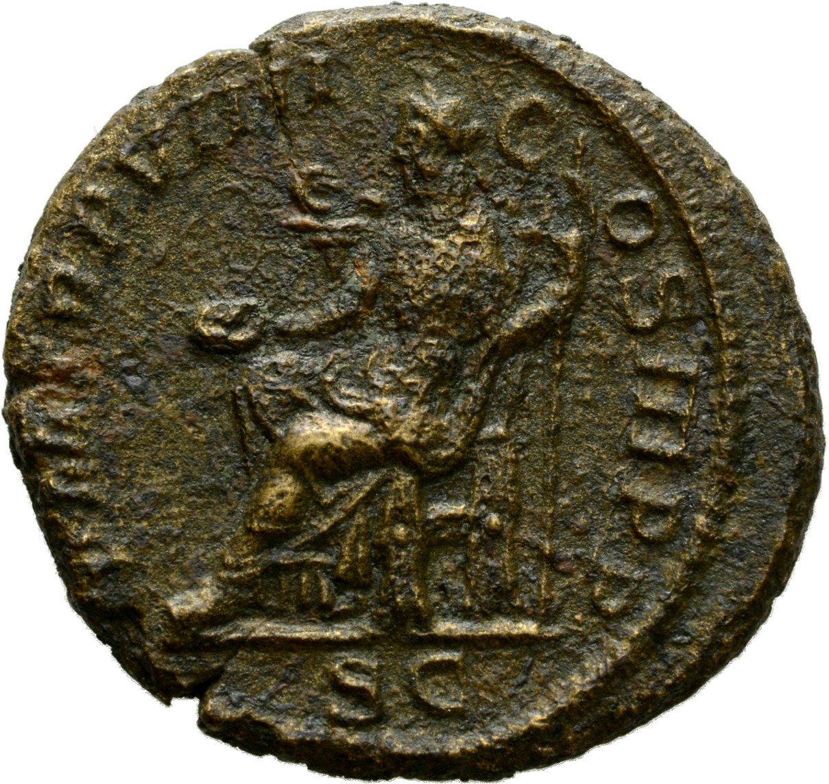 RIC IV Severus Alexander 507 Severus Alexander reverse, Justitia, draped, seated left, holding patera in right hand and sc...