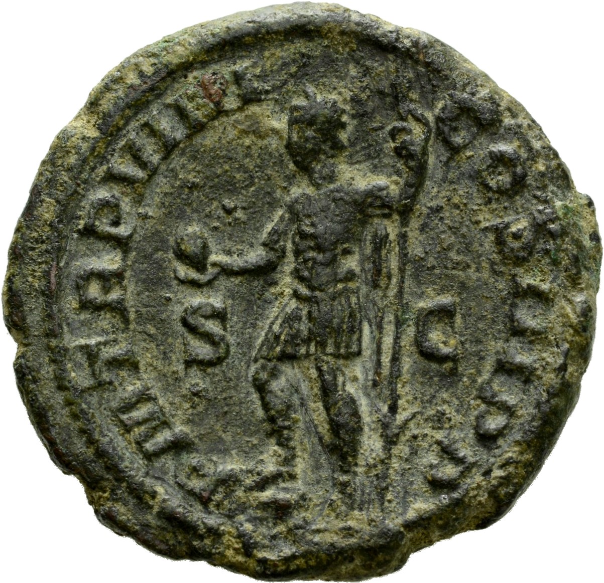 RIC IV Severus Alexander 509 Severus Alexander reverse, Severus Alexander, standing left, in military attire, foot on helm...