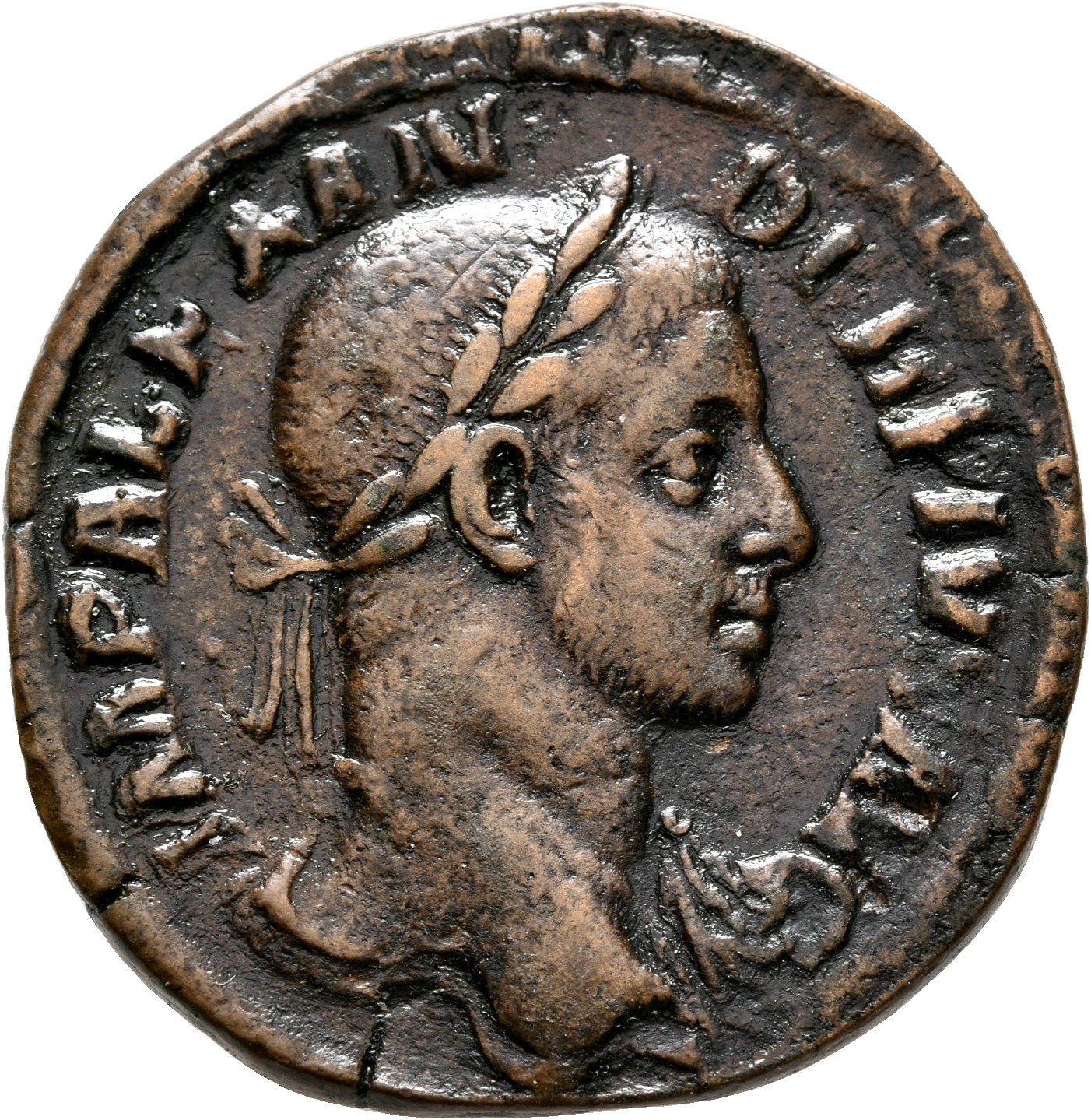 RIC IV Severus Alexander 513 Severus Alexander obverse, Bust of Severus Alexander, laureate, draped over left shoulder, right