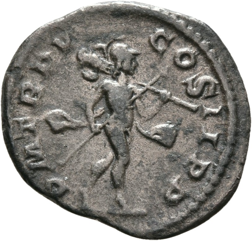 RIC IV Severus Alexander 53 Severus Alexander reverse, Mars, helmeted, naked except for flowing cloak, walking right, carr...