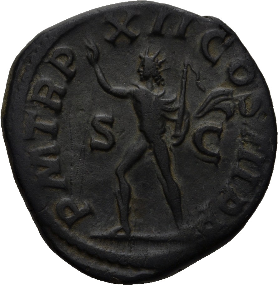 RIC IV Severus Alexander 535d Severus Alexander reverse, Sol, radiate, walking left, raising right hand and holding whip i...