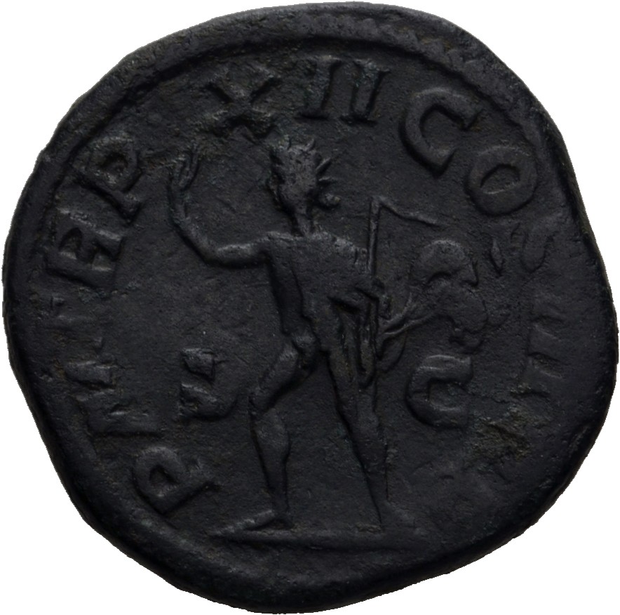 RIC IV Severus Alexander 535d Severus Alexander reverse, Sol, radiate, walking left, raising right hand and holding whip i...