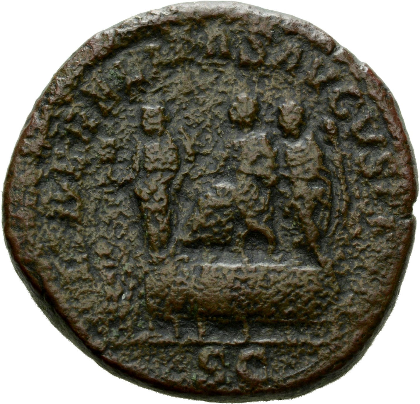 RIC IV Severus Alexander 578 Severus Alexander reverse, Severus Alexander, seated left on platform; behind, officers and s...