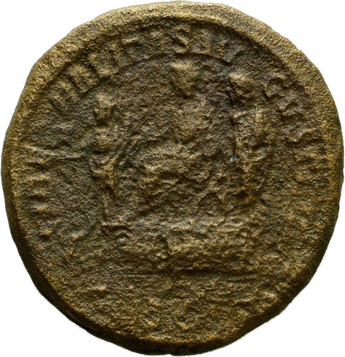 RIC IV Severus Alexander 579 Severus Alexander reverse, Severus Alexander, seated left on platform; behind, officers and s...