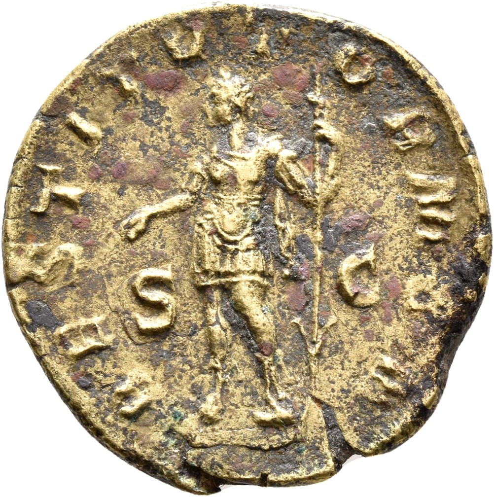 RIC IV Severus Alexander 601 Severus Alexander reverse, Severus Alexander, in military attire, extending right hand and ho...