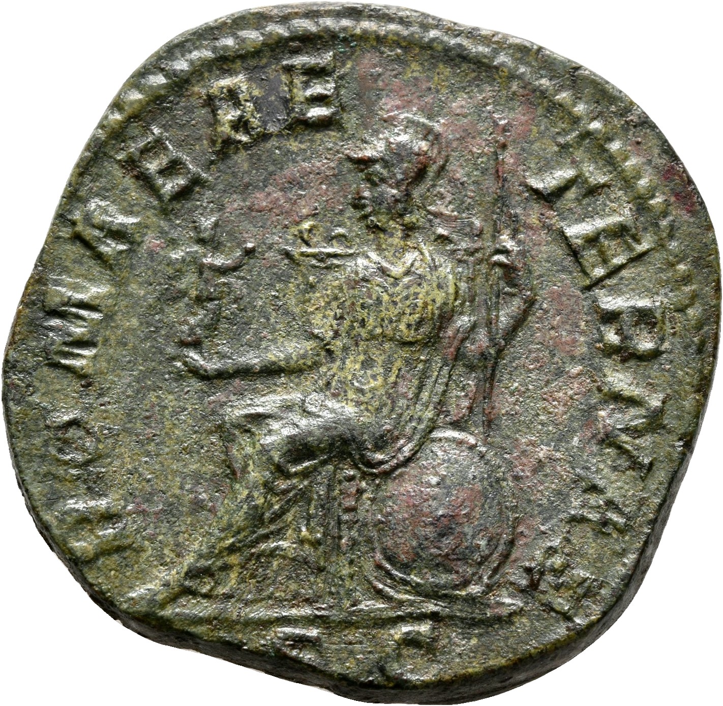 RIC IV Severus Alexander 602 Severus Alexander reverse, Roma, helmeted, draped, seated left, on shield, holding Victory in...