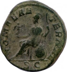 RIC IV Severus Alexander 602 Severus Alexander reverse, Roma, helmeted, draped, seated left, on shield, holding Victory in...