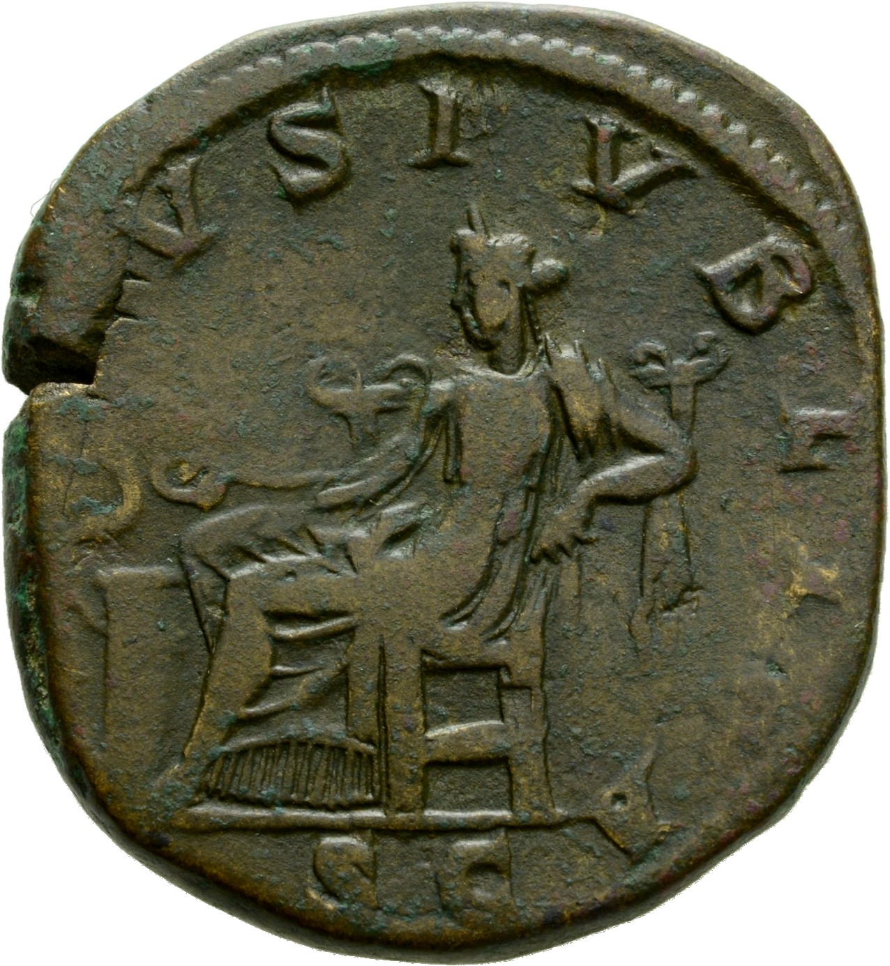 RIC IV Severus Alexander 608 Severus Alexander reverse, Salus, draped, seated left, feeding snake coiled round altar