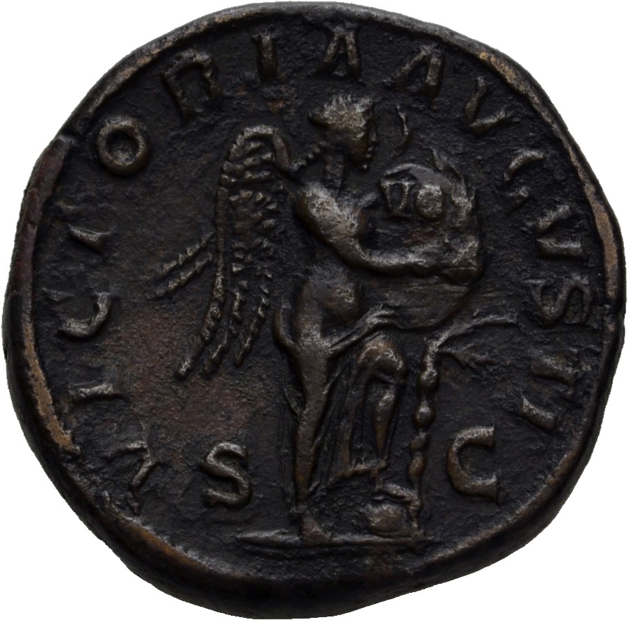 RIC IV Severus Alexander 616b Severus Alexander reverse, Victory, winged, draped, standing right, foot on helmet, writing ...