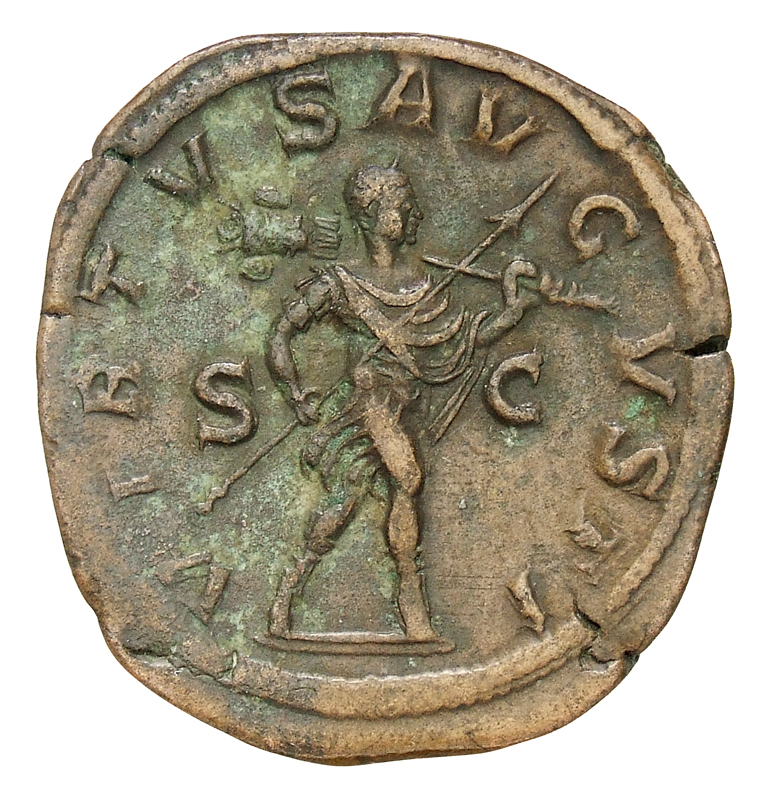 RIC IV Severus Alexander 626b Severus Alexander reverse, Severus Alexander (dressed as Romulus?), in military attire, walk...