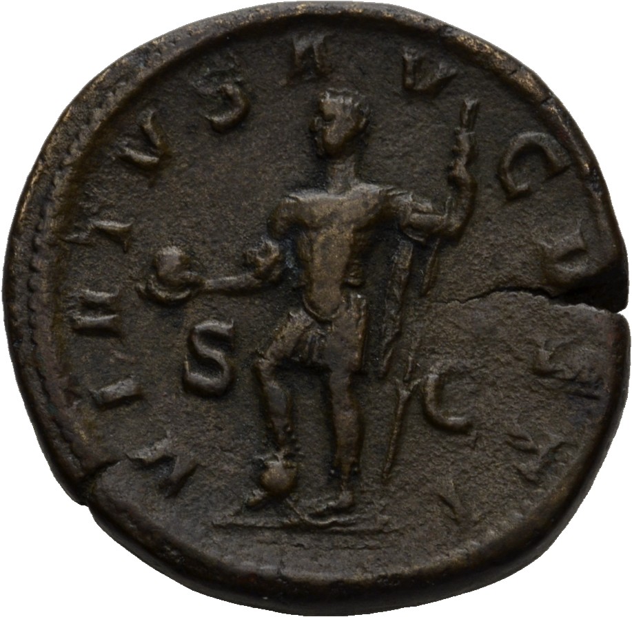 RIC IV Severus Alexander 627 Severus Alexander reverse, Severus Alexander, in military attire, standing left, holding glob...