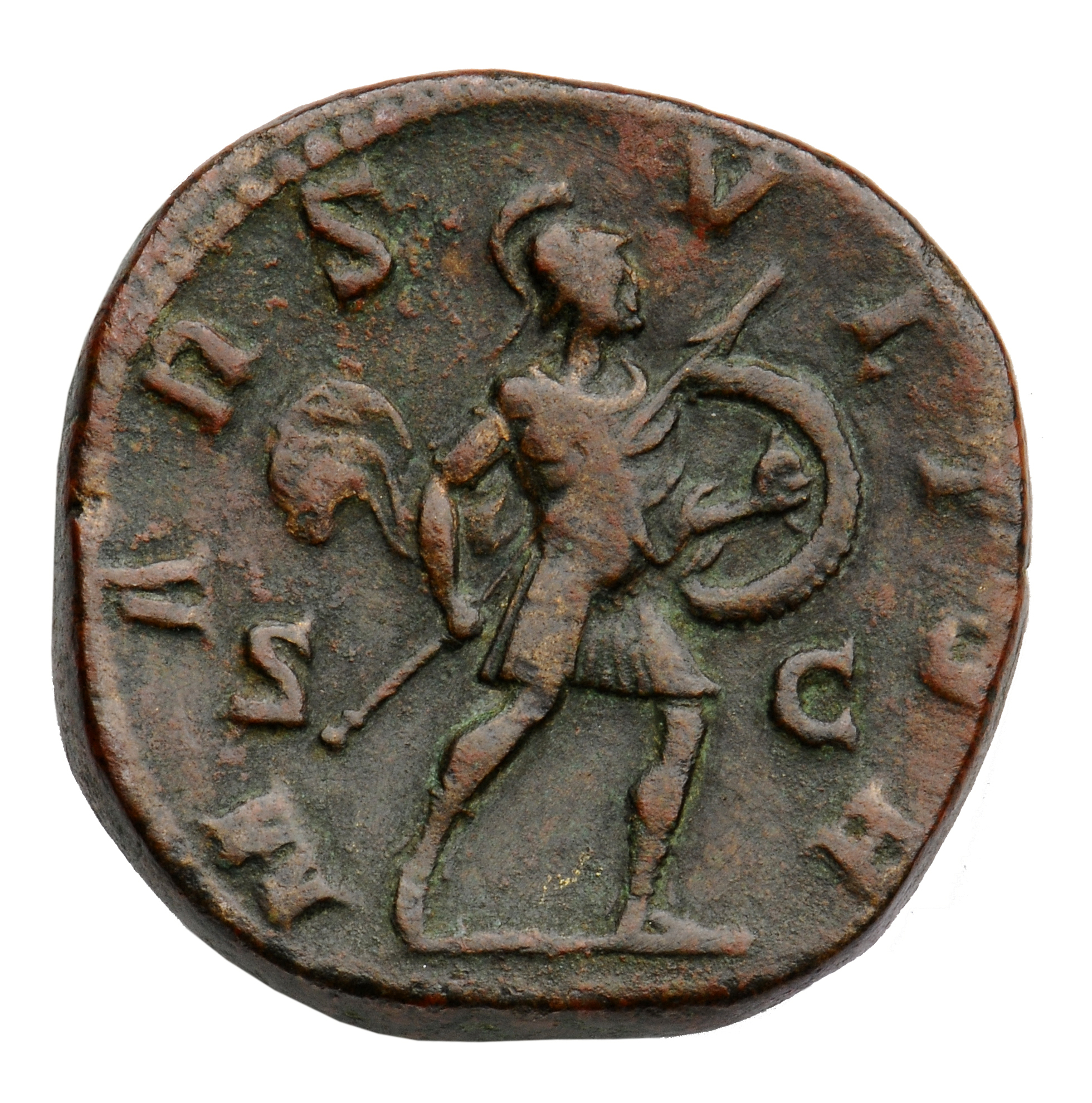 RIC IV Severus Alexander 635b Severus Alexander reverse, Mars, helmeted, walking right, carrying spear in right hand and s...
