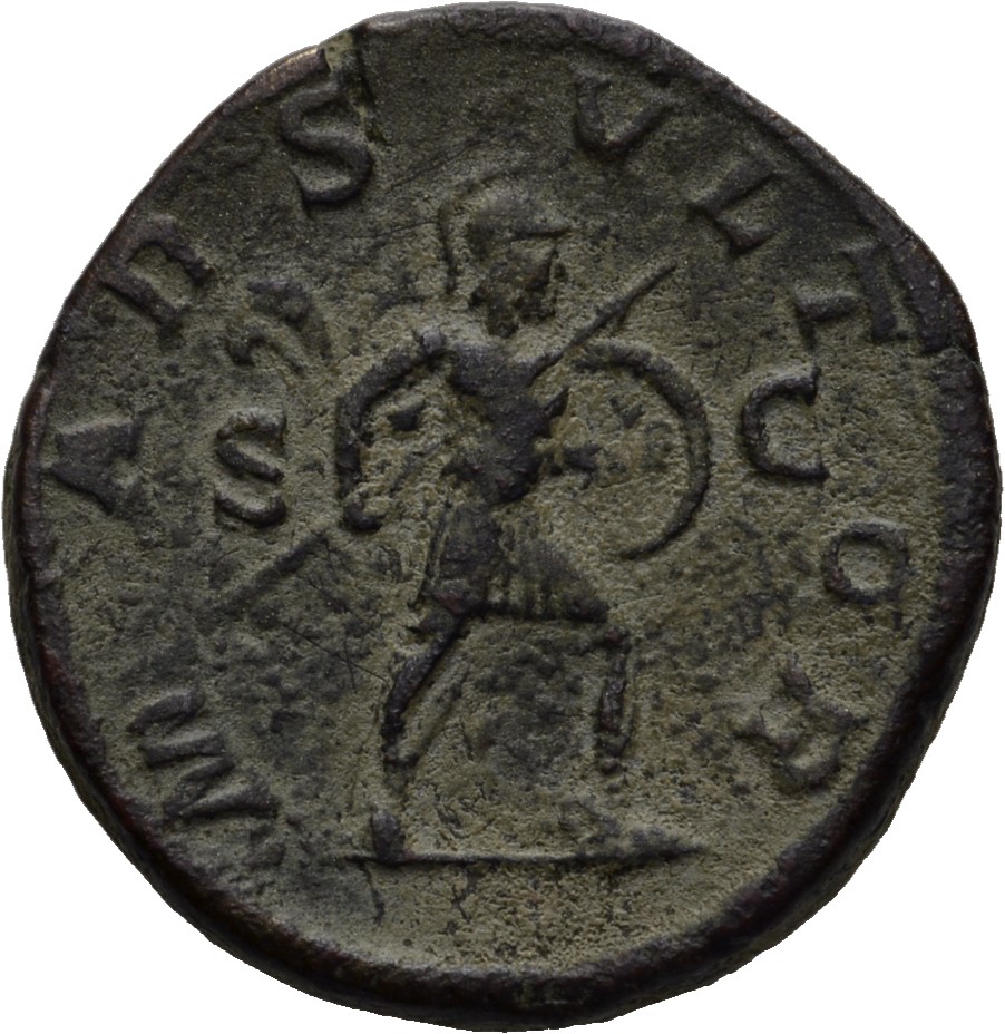 RIC IV Severus Alexander 635c Severus Alexander reverse, Mars, helmeted, walking right, carrying spear in right hand and s...