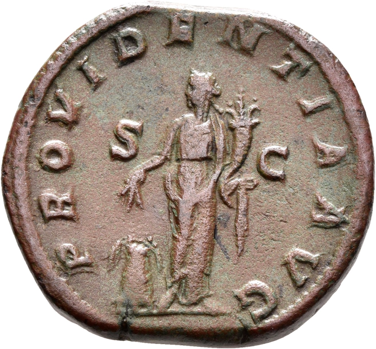 RIC IV Severus Alexander 642b Severus Alexander reverse, Providentia, draped, standing front, head left, holding two corn-...