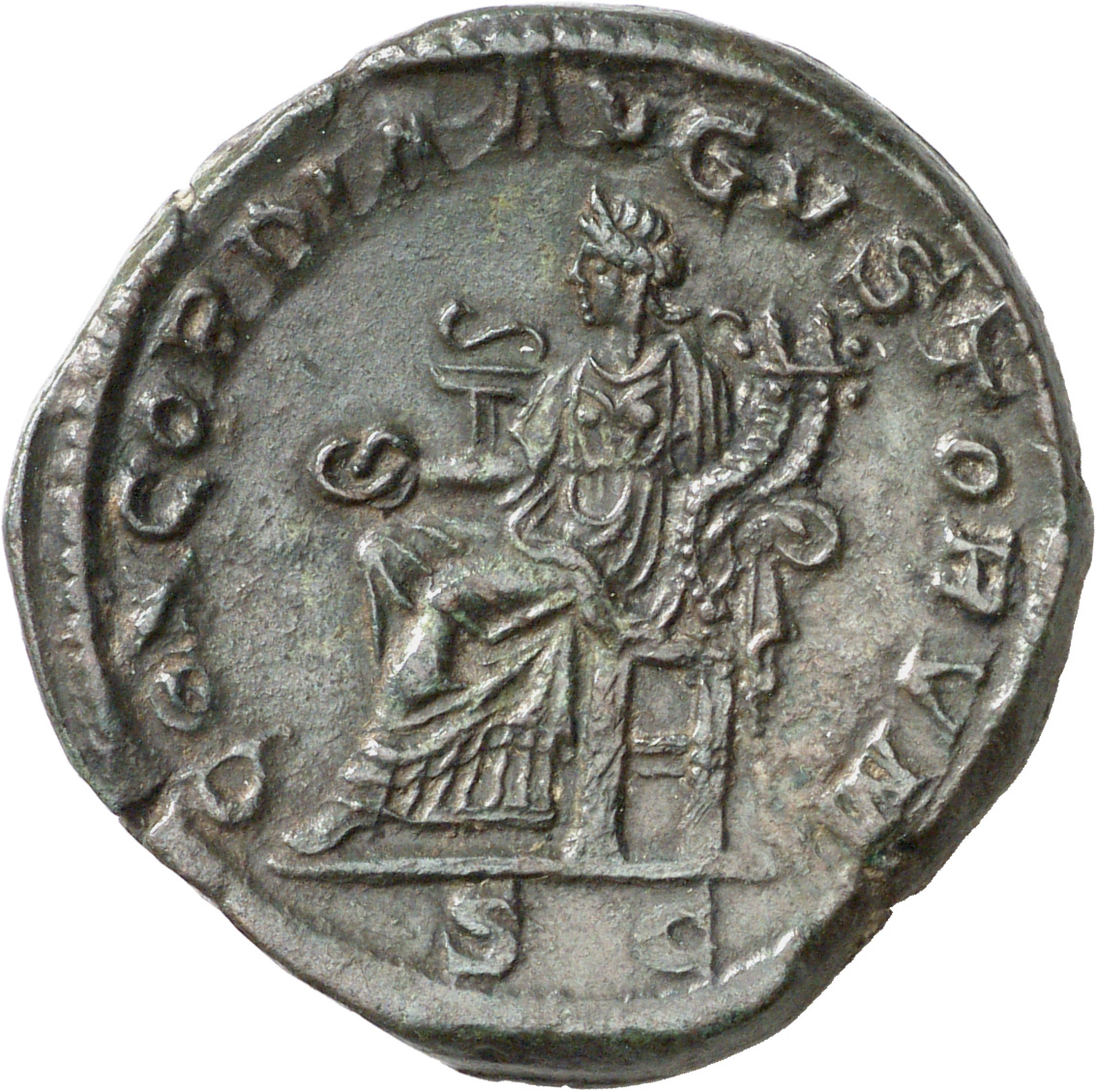 RIC IV Severus Alexander 655 Severus Alexander reverse, Concordia, draped, seated left, holding patera in right hand and d...