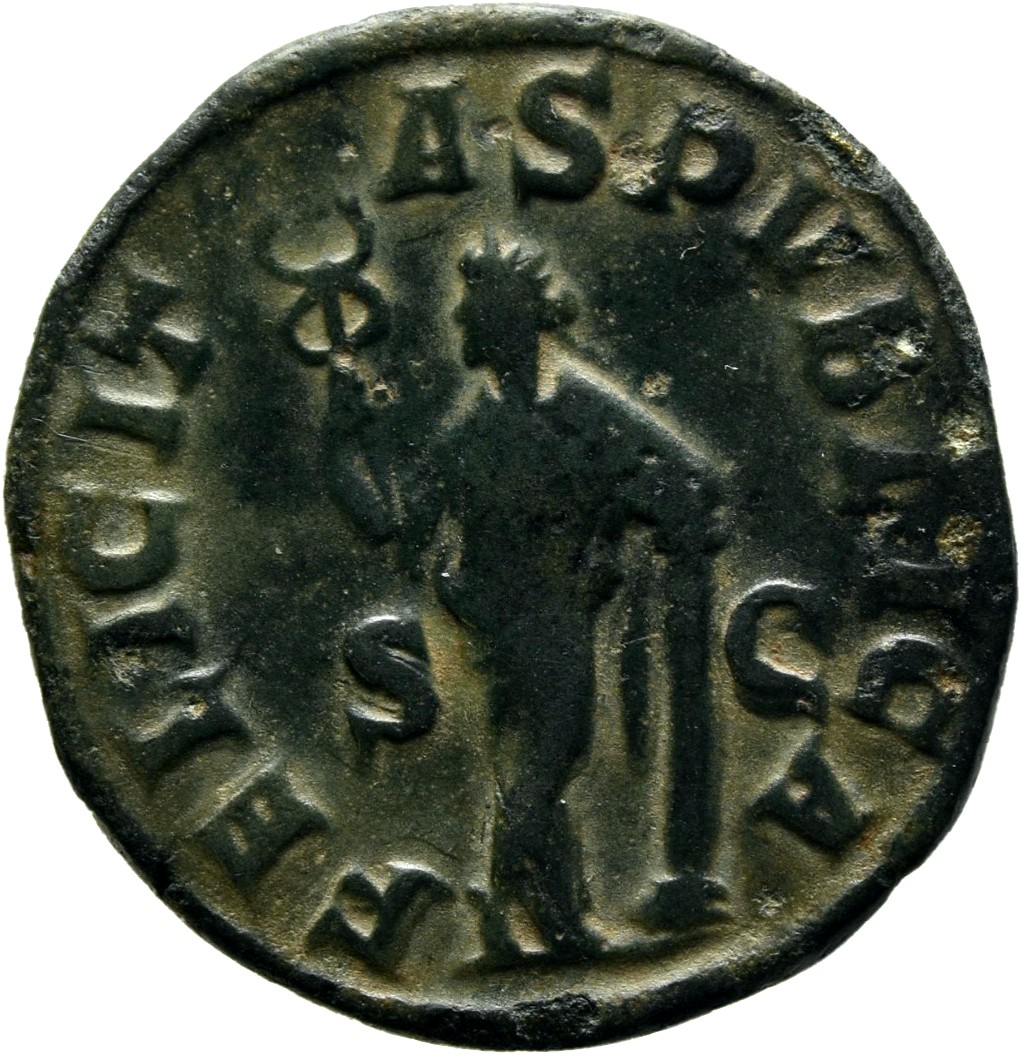 RIC IV Severus Alexander 678 Severus Alexander reverse, Felicitas, draped, standing front, head left, legs crossed, holdin...