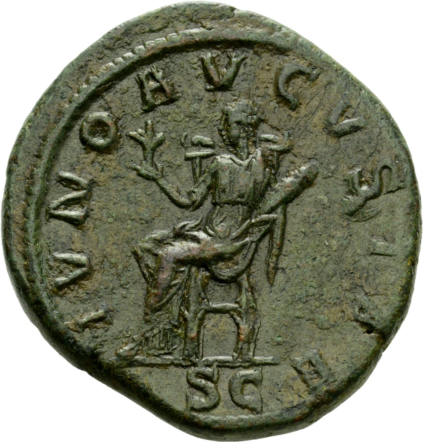 RIC IV Severus Alexander 683 Severus Alexander reverse, Juno, draped, seated left, holding flower in right hand and infant...