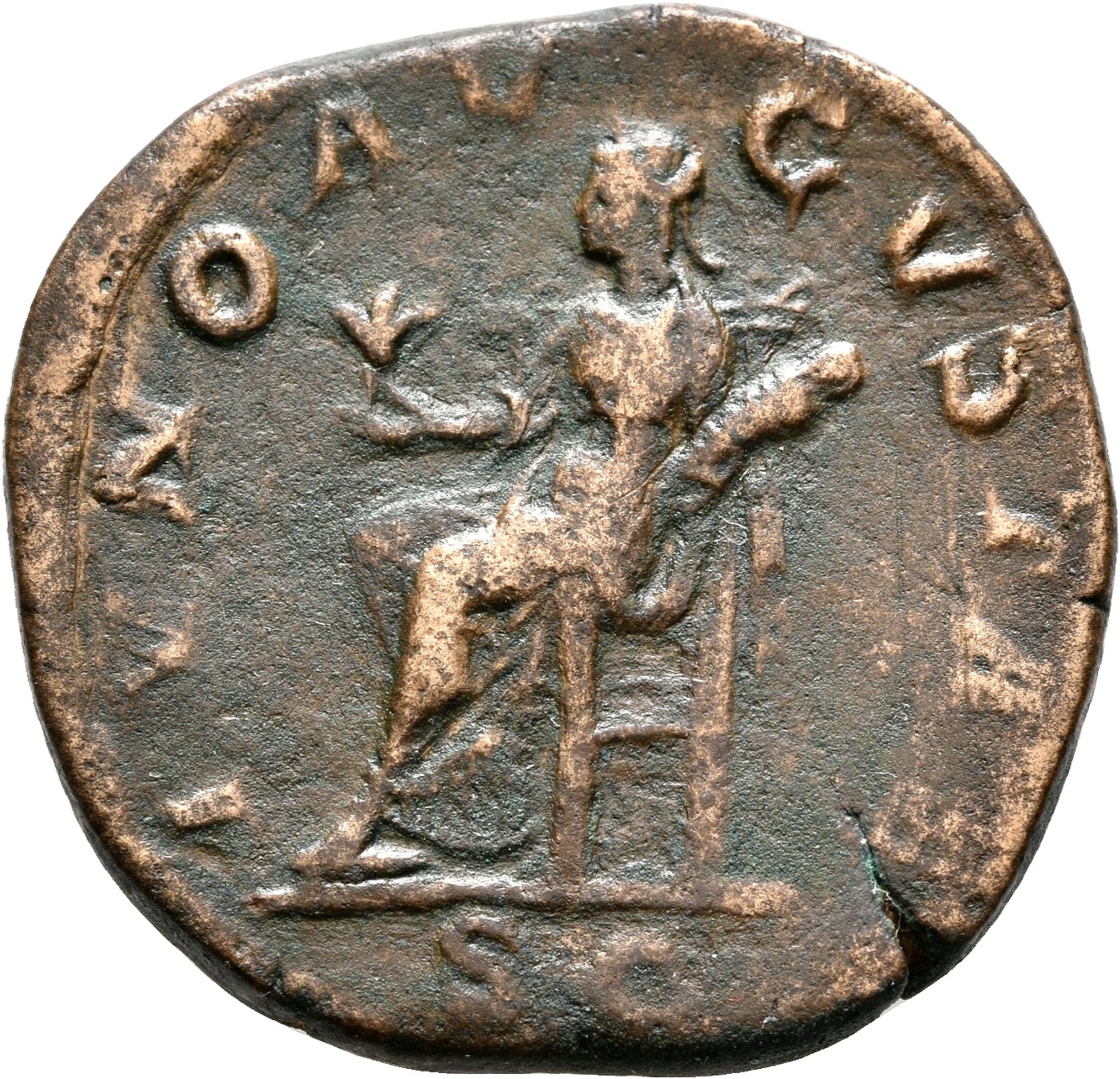 RIC IV Severus Alexander 683 Severus Alexander reverse, Juno, draped, seated left, holding flower in right hand and infant...