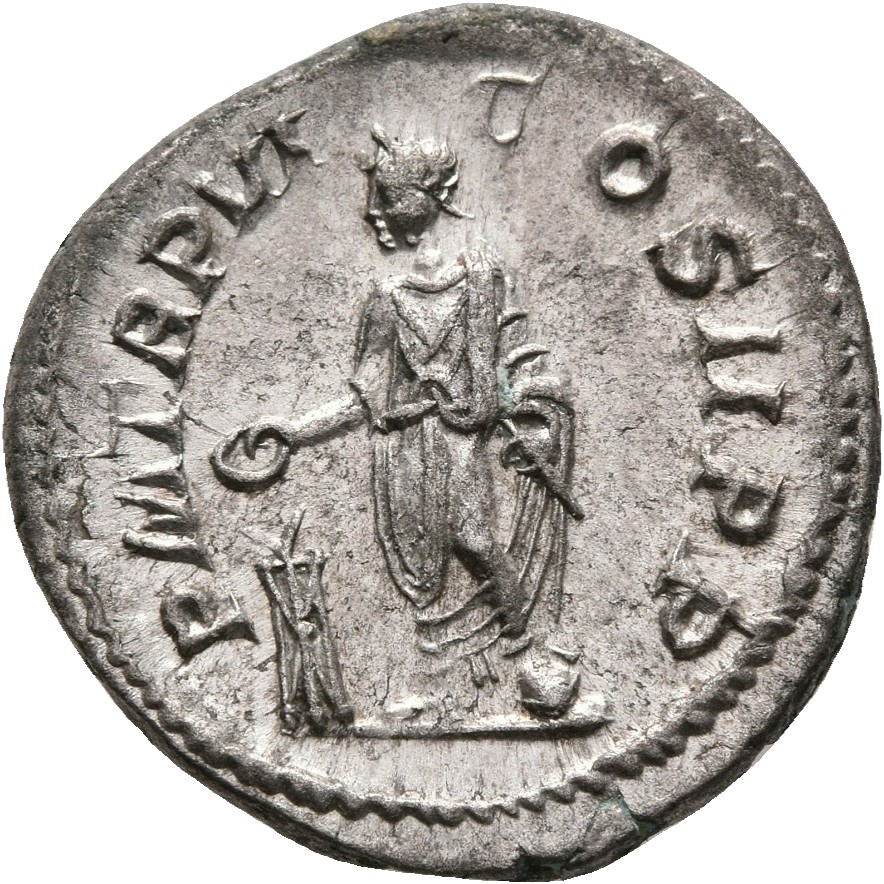 RIC IV Severus Alexander 70 Severus Alexander reverse, Severus Alexander, laureate, togate, standing left, sacrificing out...
