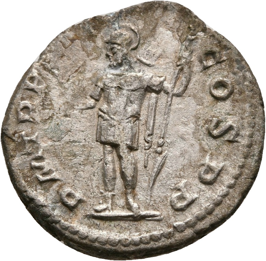 RIC IV Severus Alexander 7d Severus Alexander reverse, Mars, helmeted, in military attire standing left, holding olive-bra...
