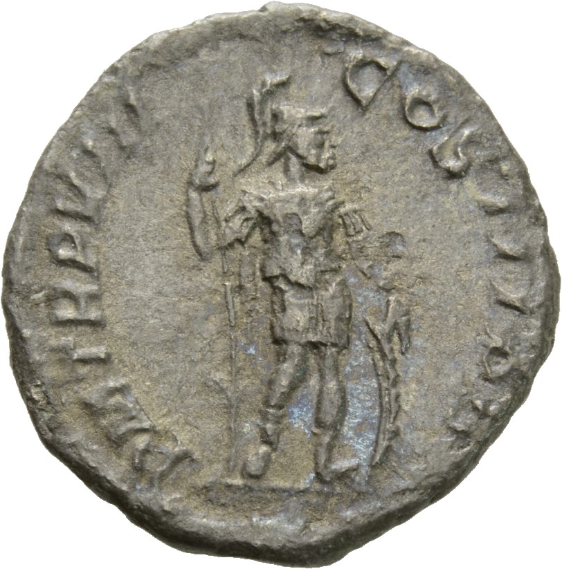 RIC IV Severus Alexander 91 Severus Alexander reverse, Mars, helmeted, standing right, holding spear reversed in right han...