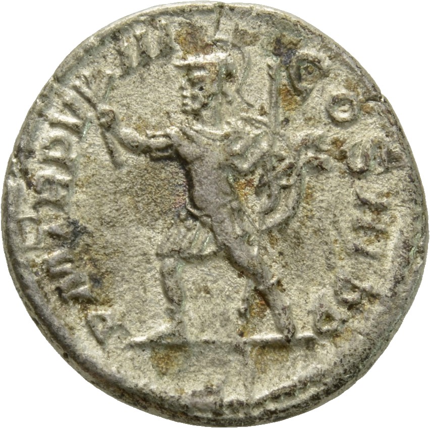 RIC IV Severus Alexander 92 Severus Alexander reverse, Mars, helmeted, walking left, holding olive-branch in right hand an...