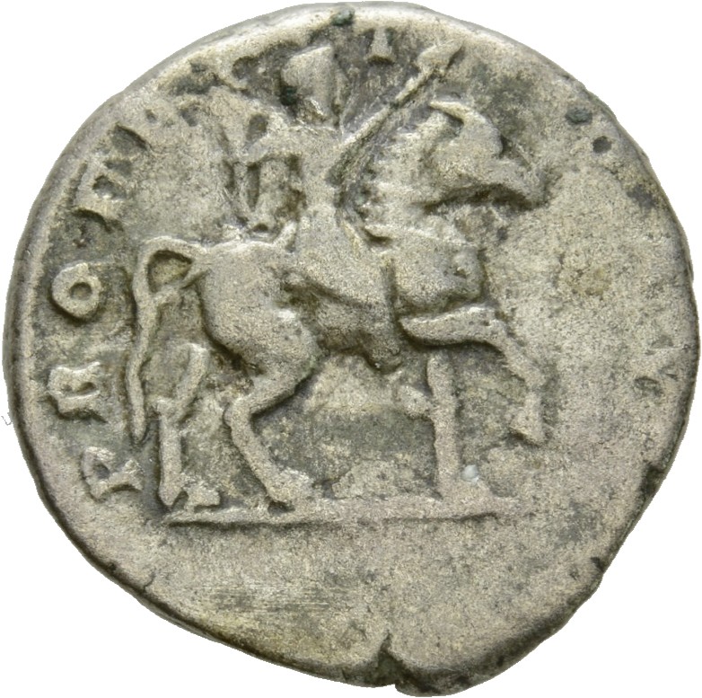 RIC IV Septimius Severus 106 (denarius) Septimius Severus reverse, Septimius Severus, in military attire, on horse prancin...