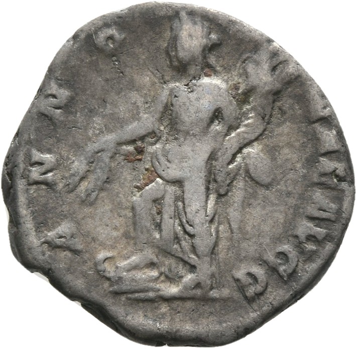RIC IV Septimius Severus 107 Septimius Severus reverse — Annona, draped, standing left, foot set on prow, holding corn-ear...
