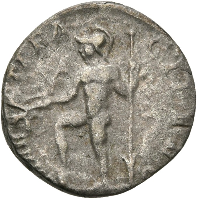 RIC IV Septimius Severus 113 Septimius Severus reverse — Mars, helmeted, in military attire, standing left, foot set on cu...