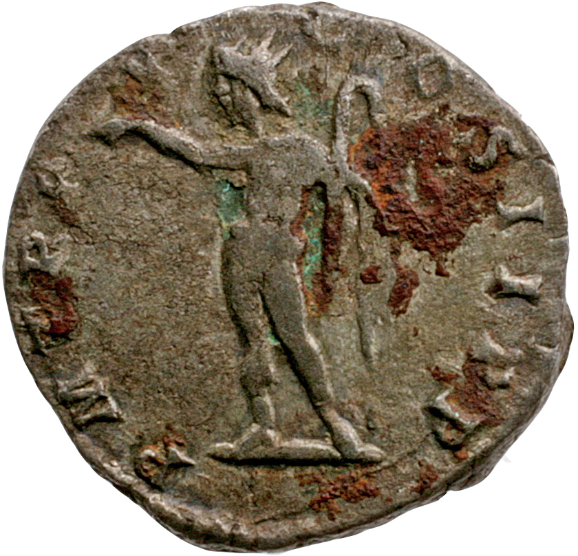 RIC IV Septimius Severus 117 Septimius Severus reverse, Sol, radiate, naked except for cloak over left shoulder, standing ...