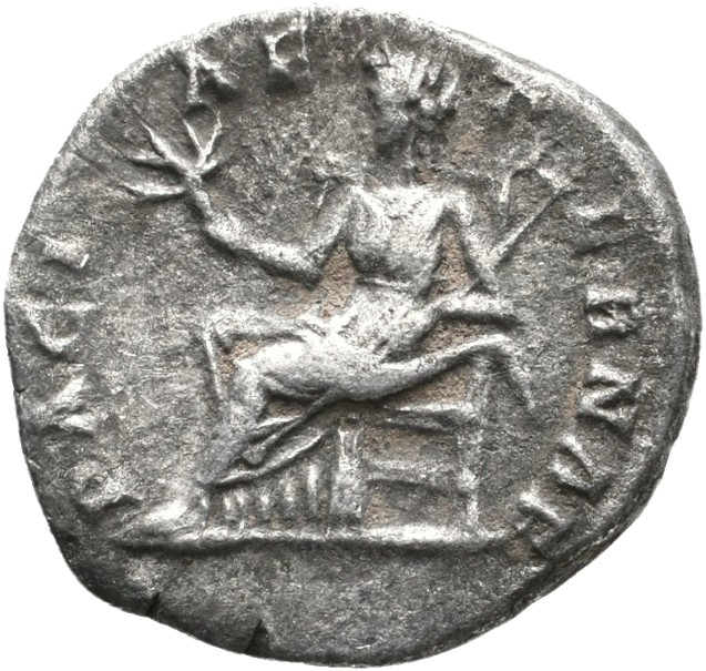 RIC IV Septimius Severus 118 Septimius Severus reverse — Pax, draped, seated left, holding branch in extended right hand a...