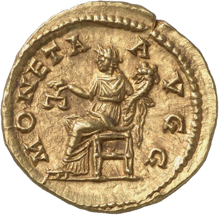 RIC IV Septimius Severus 135Aa Septimius Severus reverse, Moneta, draped, seated left, holding scales in extended right ha...