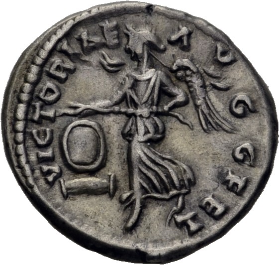 RIC IV Septimius Severus 144B (denarius) Septimius Severus reverse, Victory, winged, draped, flying left, holding wreath i...