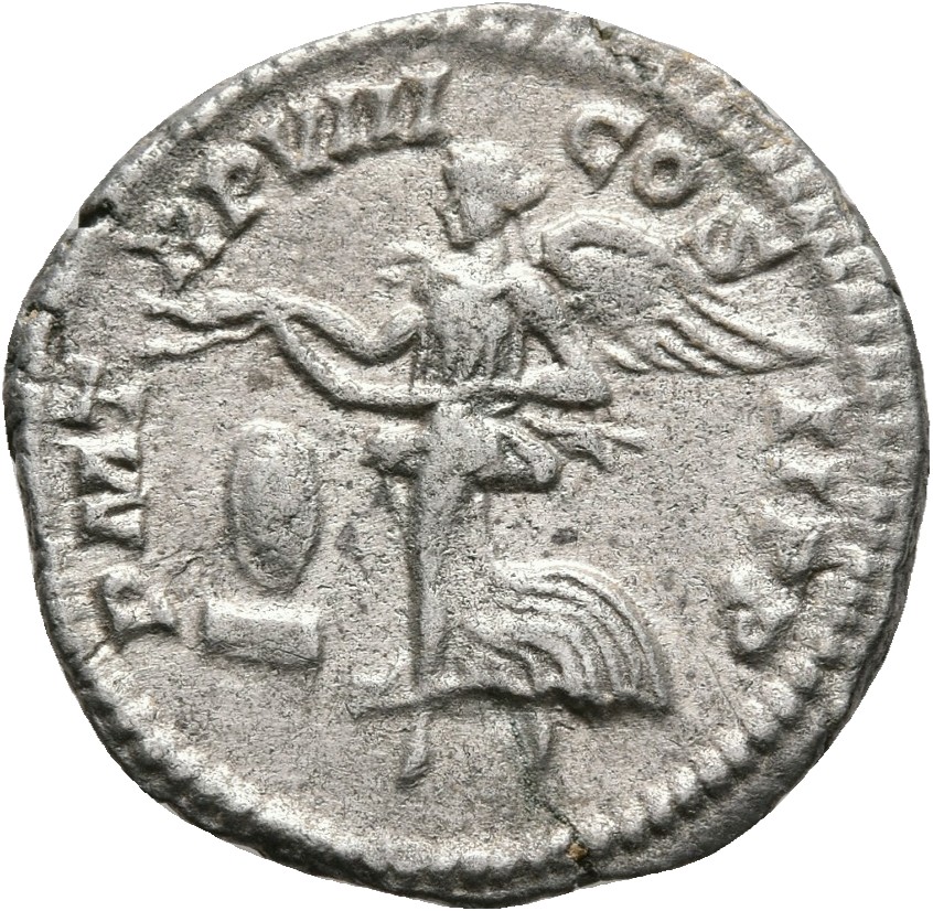 RIC IV Septimius Severus 150 Septimius Severus reverse, Victory, winged, draped, flying left, holding wreath in both hands...