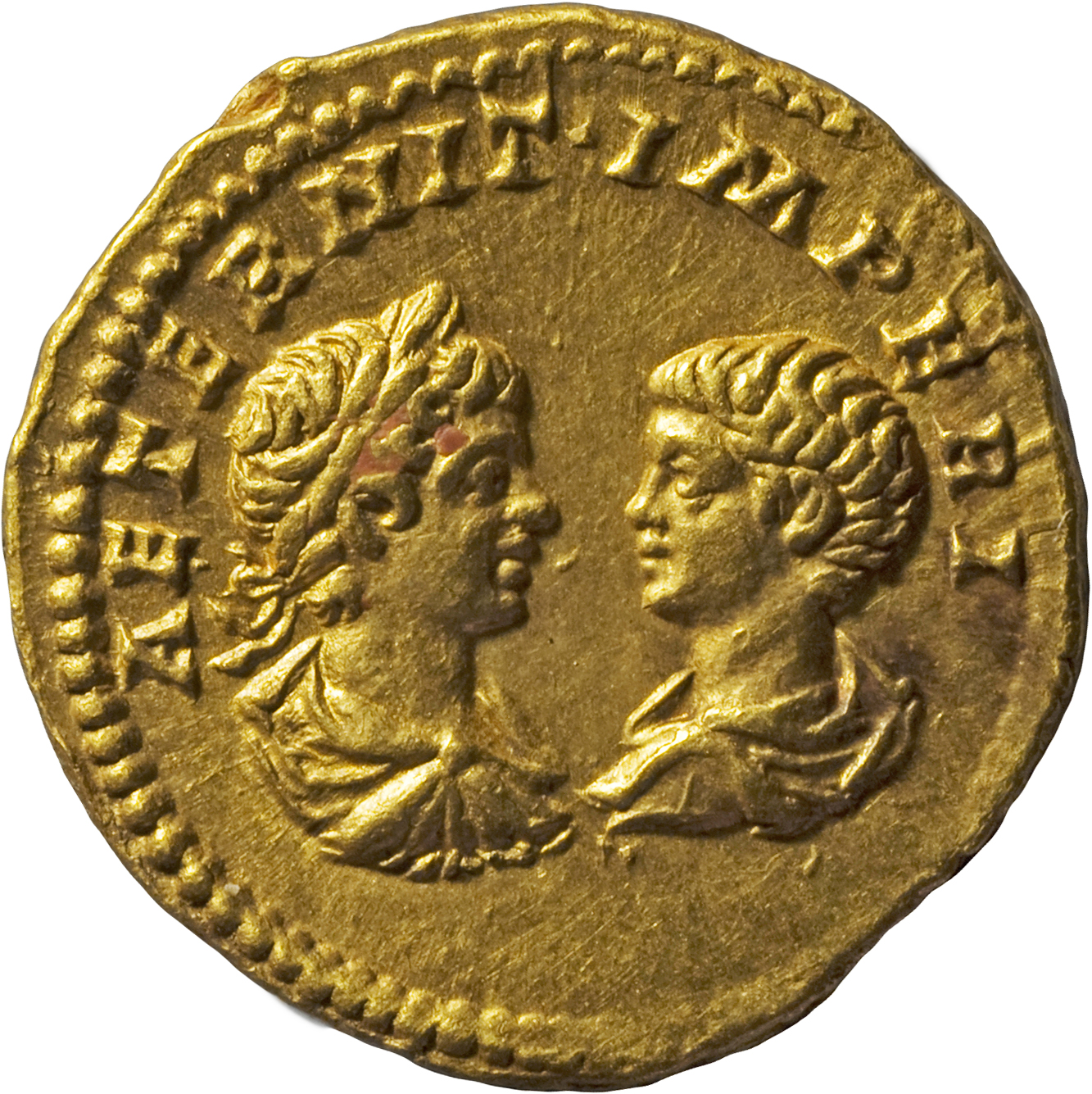RIC IV Septimius Severus 155B Septimius Severus reverse, Busts of Caracalla, laureate, draped, cuirassed, and of Geta, bar...