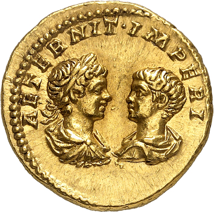 RIC IV Septimius Severus 155B Septimius Severus reverse, Busts of Caracalla, laureate, draped, cuirassed, and of Geta, bar...