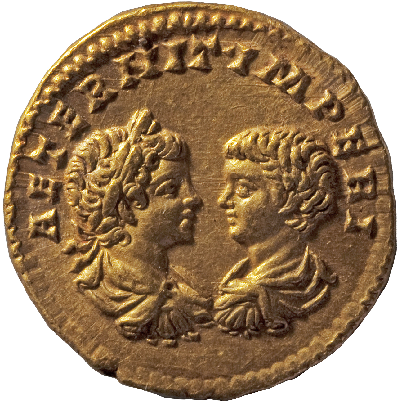 RIC IV Septimius Severus 155C Septimius Severus reverse, Busts of Caracalla, laureate, draped, cuirassed, and of Geta, bar...