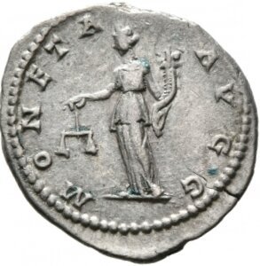 RIC IV Septimius Severus 162 Septimius Severus reverse, Moneta, draped, standing left, holding scales in extended right ha...