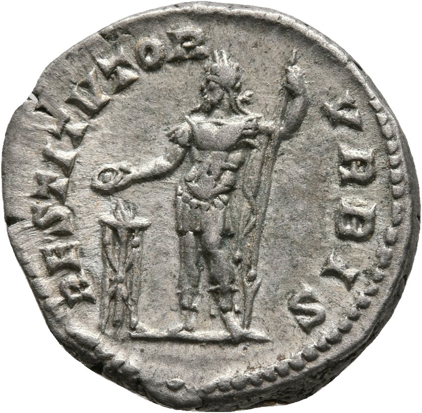 RIC IV Septimius Severus 167A (denarius) Septimius Severus reverse, Septimius Severus, in military attire, standing left, ...