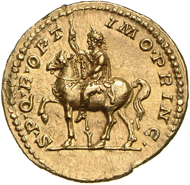 RIC IV Septimius Severus 169B Septimius Severus reverse, Septimius Severus, in military attire, on horse prancing left, ho...