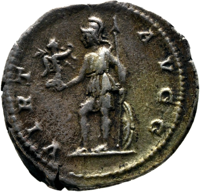 RIC IV Septimius Severus 171A (denarius) Septimius Severus reverse, Virtus, helmeted, draped, standing left, holding Victo...