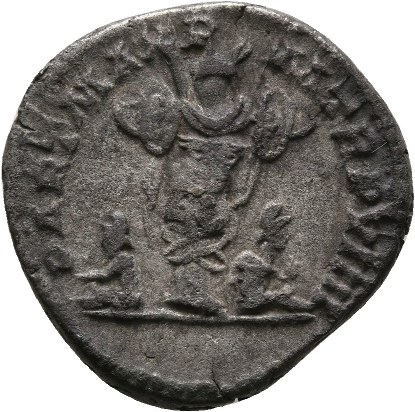 RIC IV Septimius Severus 176 Septimius Severus reverse, Two captives, each wearing pointed cap and draped to ankles, seate...