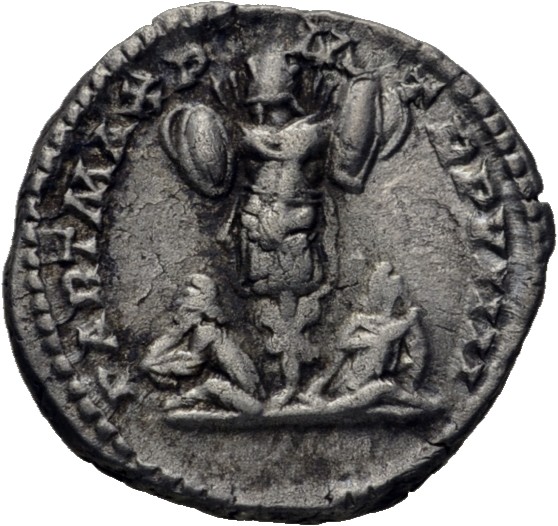 RIC IV Septimius Severus 176 Septimius Severus reverse, Two captives, each wearing pointed cap and draped to ankles, seate...
