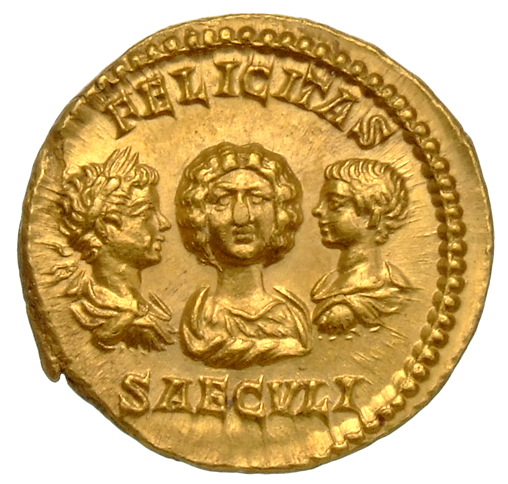 RIC IV Septimius Severus 181B Septimius Severus reverse, Bust of Julia Domna, draped, facing front, between bust of Caraca...