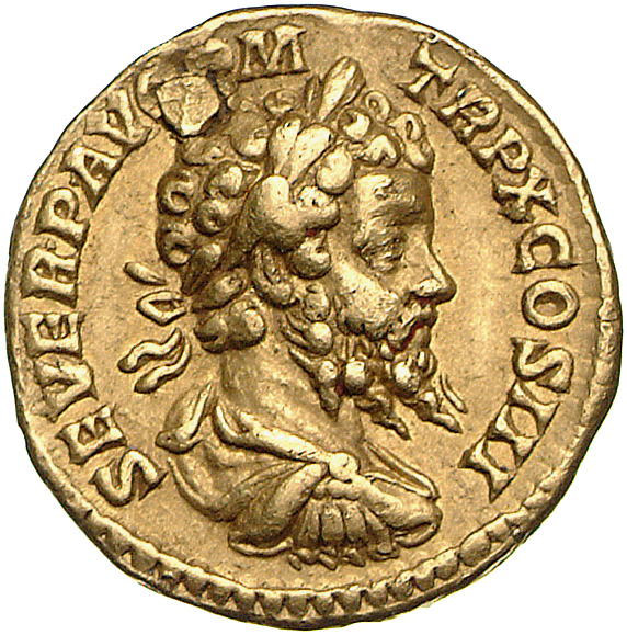 RIC IV Septimius Severus 181C (aureus) Septimius Severus obverse, Bust of Septimius Severus, laureate, draped, cuirassed, ...