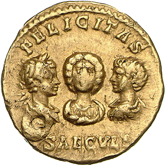 Septimius Severus reverse — Bust of Julia Domna, draped, facing front, between bust of Caracalla, laureate, draped, on left and bust of Geta, bare-headed, draped, on right