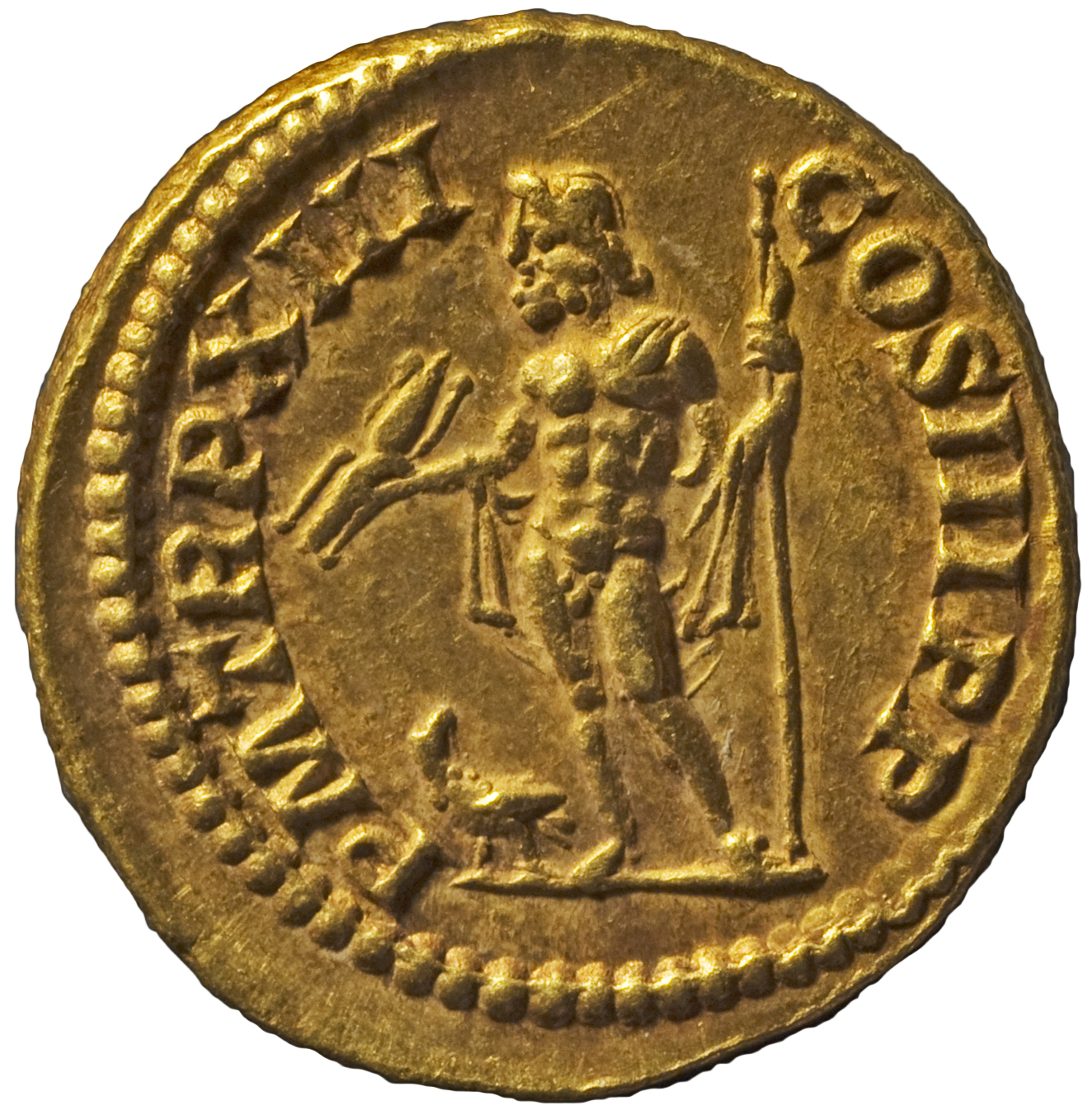 RIC IV Septimius Severus 196 (aureus) Septimius Severus reverse, Jupiter, naked except for cloak over left shoulder, stand...