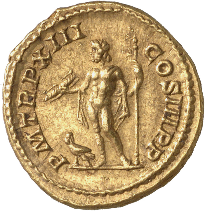 Septimius Severus reverse — Jupiter, naked except for cloak over left shoulder, standing left, holding thunderbolt in right hand and sceptre in left hand; at feet, left, eagle